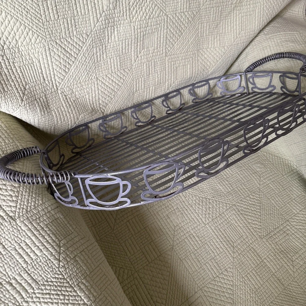 Metal Wire Coffee Cup Serving Tray Basket 20x11 Coffee Bar Kitchen Decor Large